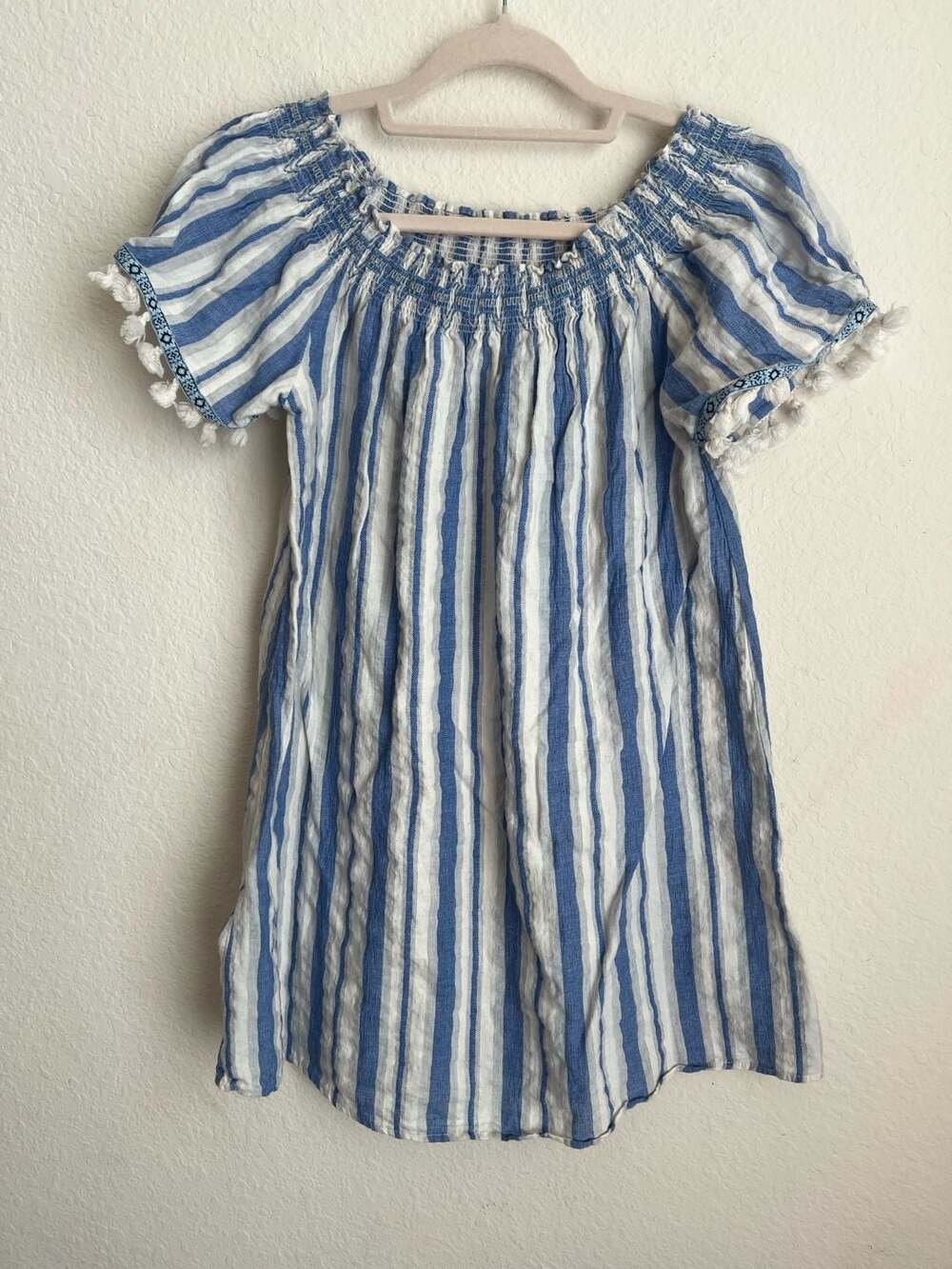 Umgee Blue and White Striped Off-The-Shoulder Bee Balm Dress with Tassels